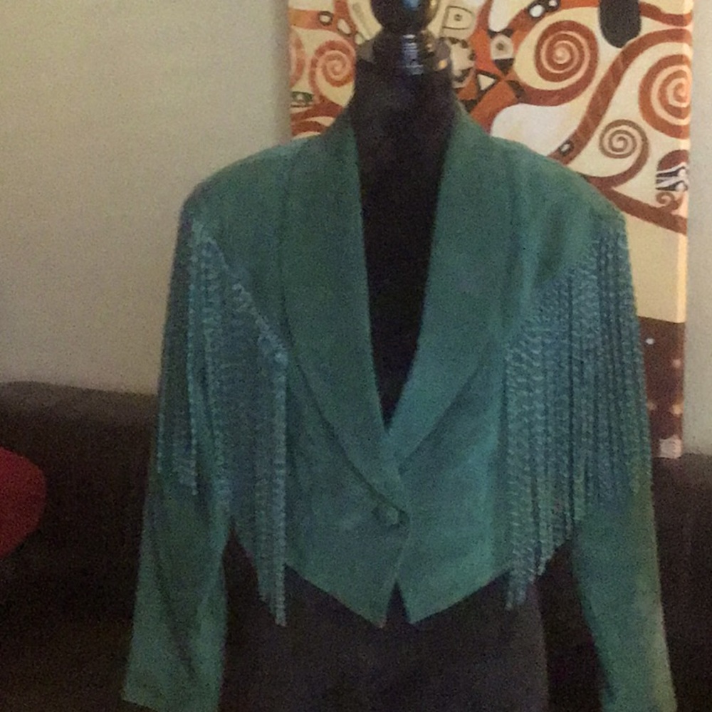 Emerald green vintage fringed suede jacket